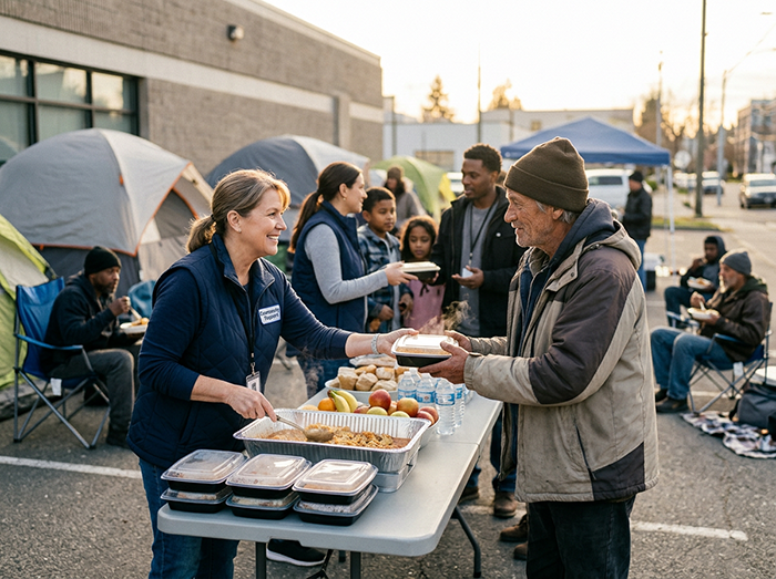 Volunteers serving meals to people experiencing homelessness in Las Vegas